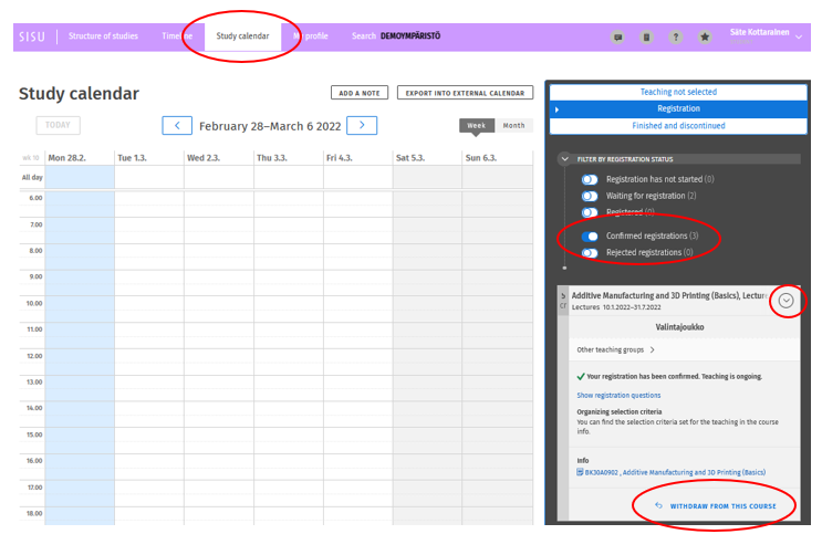 Go to study calendar