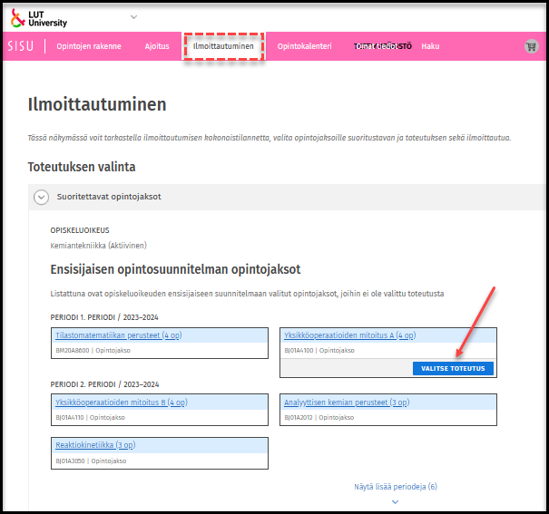 Valitse toteutus suoritettavien opintojaksojen alta.