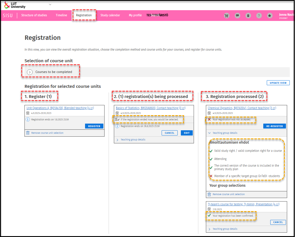 Different states of registration.