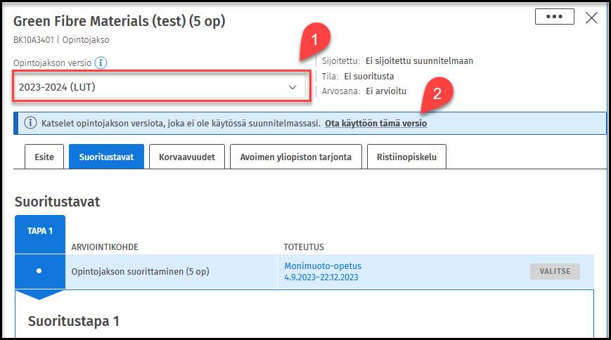 Opintojakso esite ja version vaihtaminen.