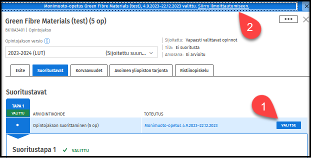 Valitse toteutus ja siirry ilmoittautumiseen.