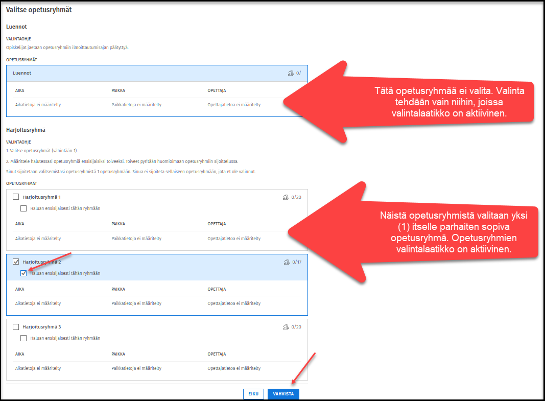 Valitse opetusryhmä.