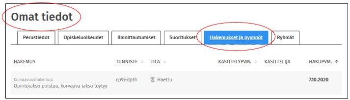 Hakemukset ja pyynnöt -välilehti