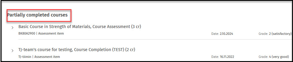 partially completed courses