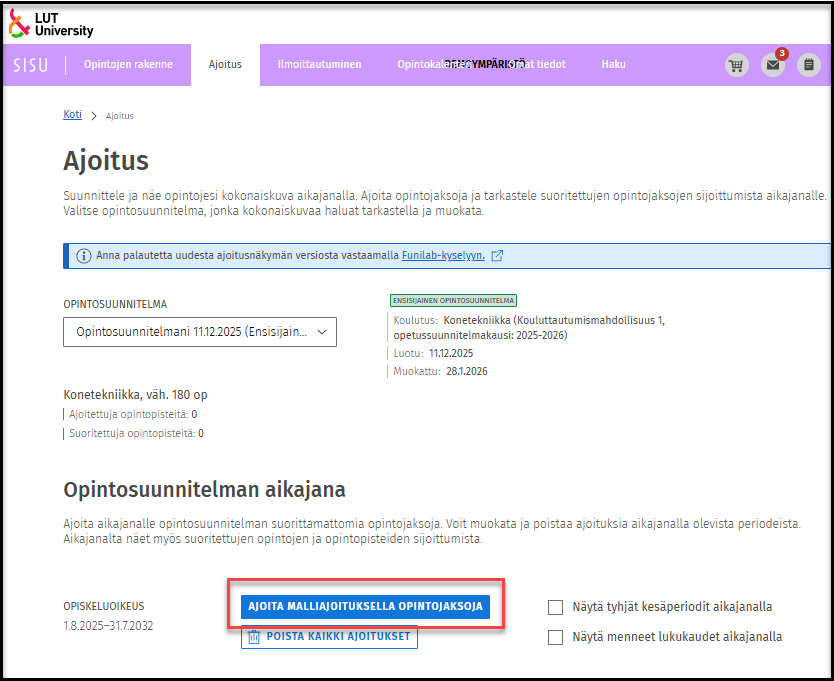 Ajoita malliajoituksella opintojaksoja