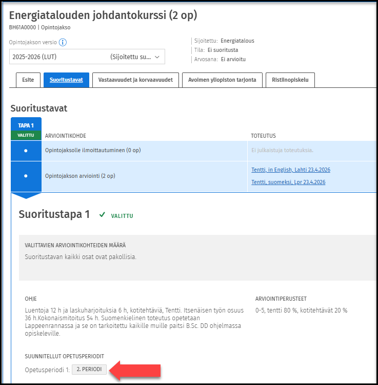 Opintojakson esite: opetusperiodi
