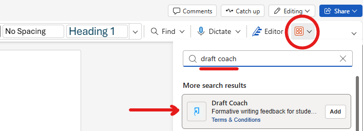 Screenshot: Word Online's Add-ins menu, where "Draft Coach" is searched and shown.