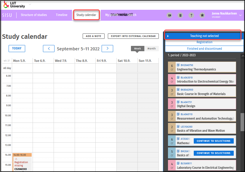Picture 1. Study calendar --> Teaching not selected.