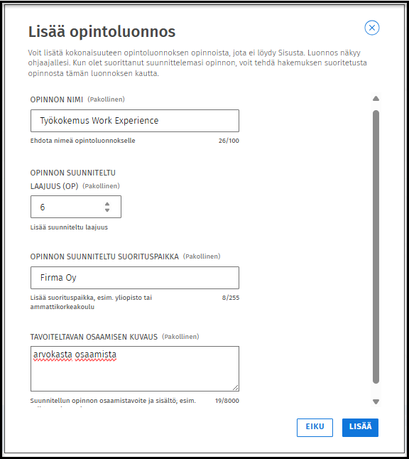 Lisää opintoluonnos