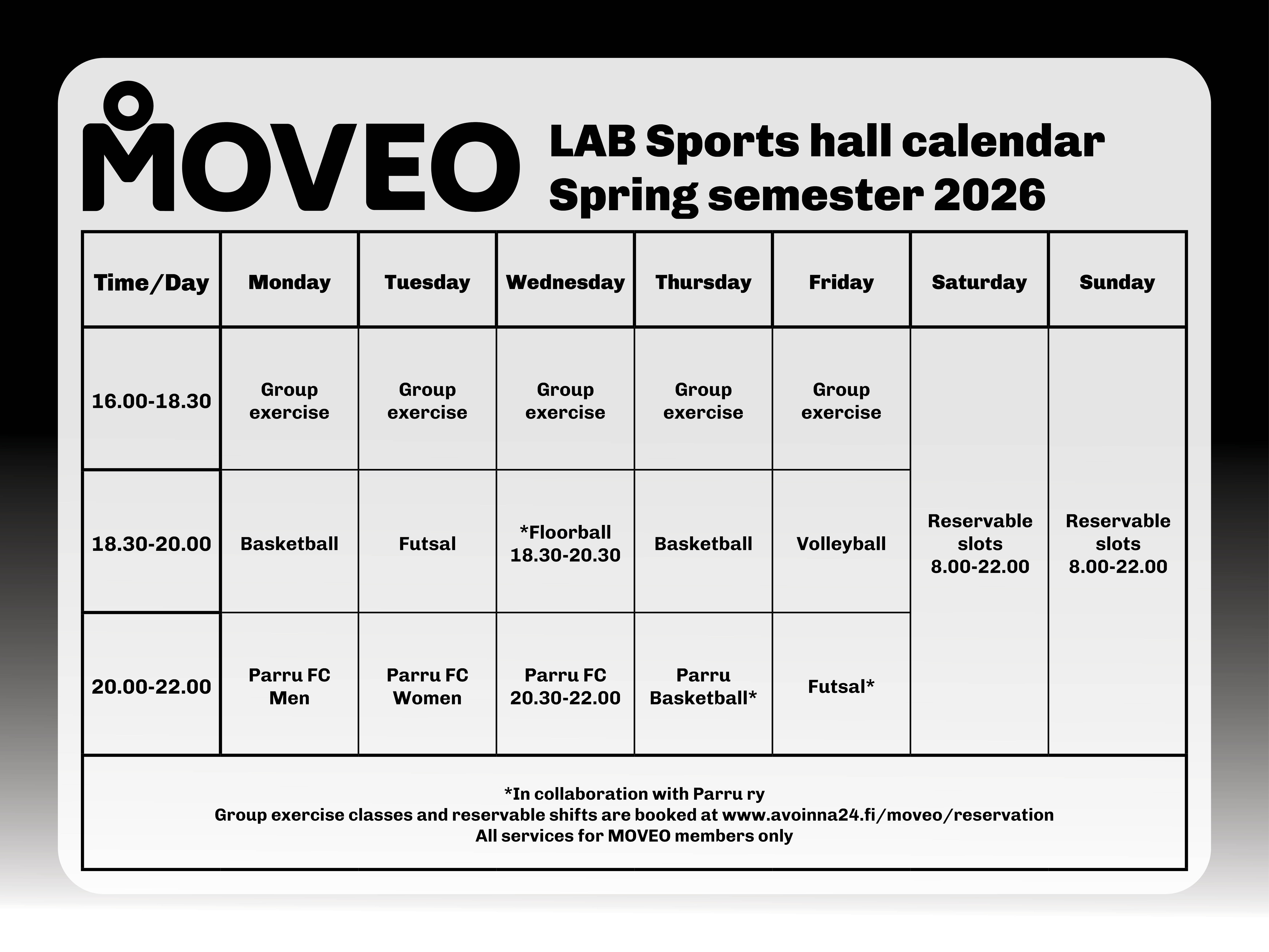 Moveo Lappeenranta palloiluvuorokalenterit kevät 2026