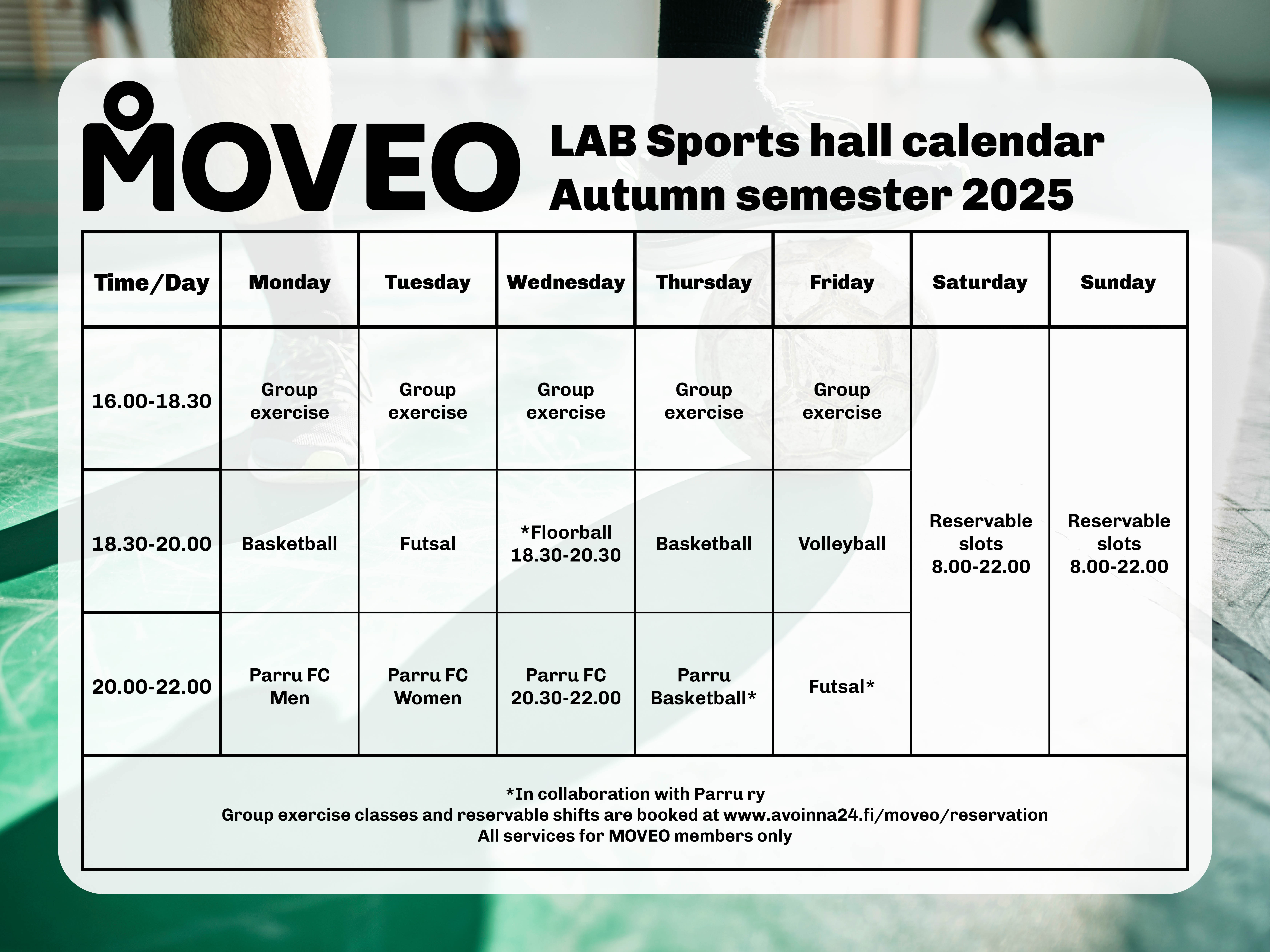 Moveo lab-sports hall schedule autumn 2025
