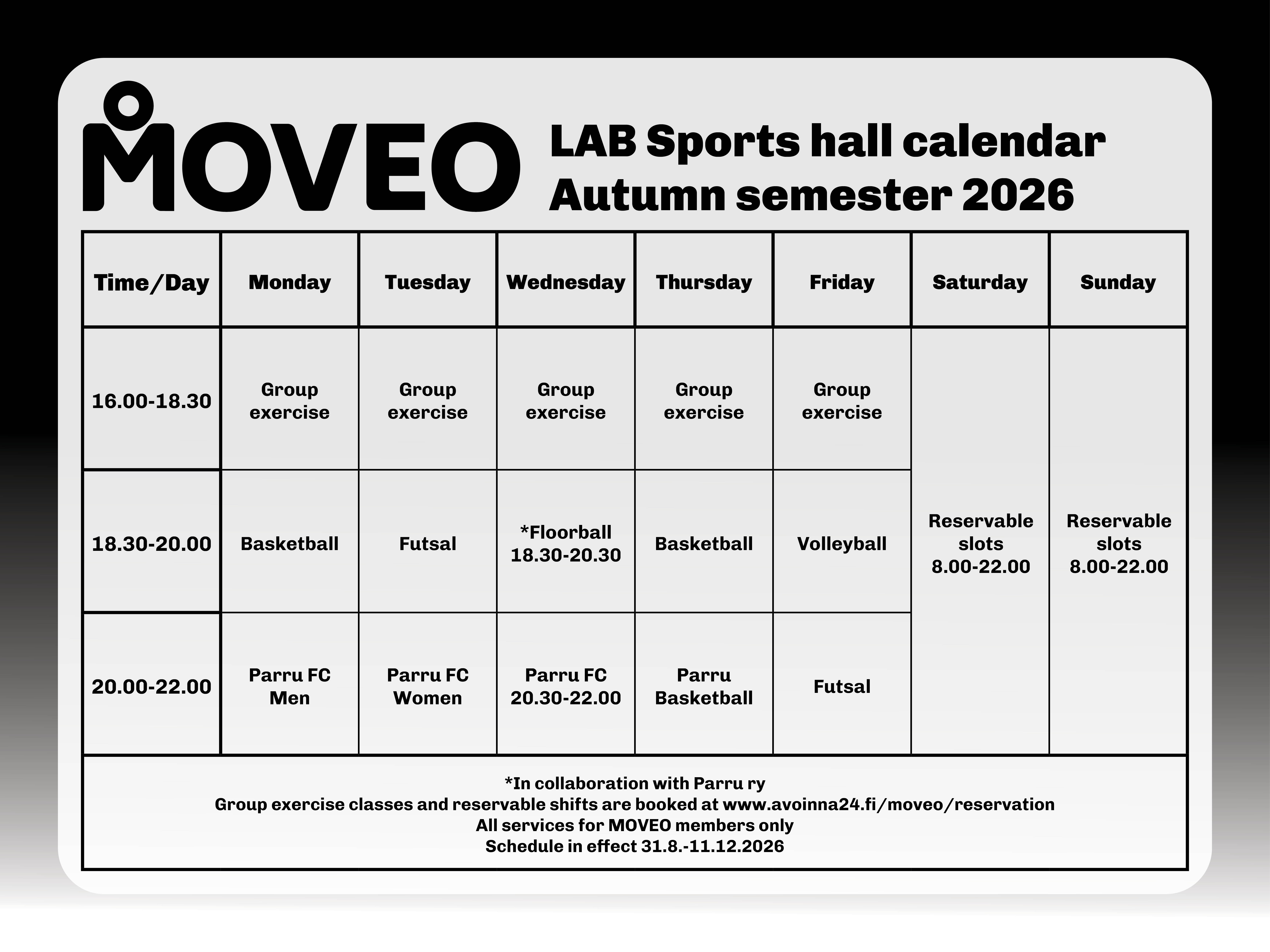 LAB Sports hall schedule autumn 2026