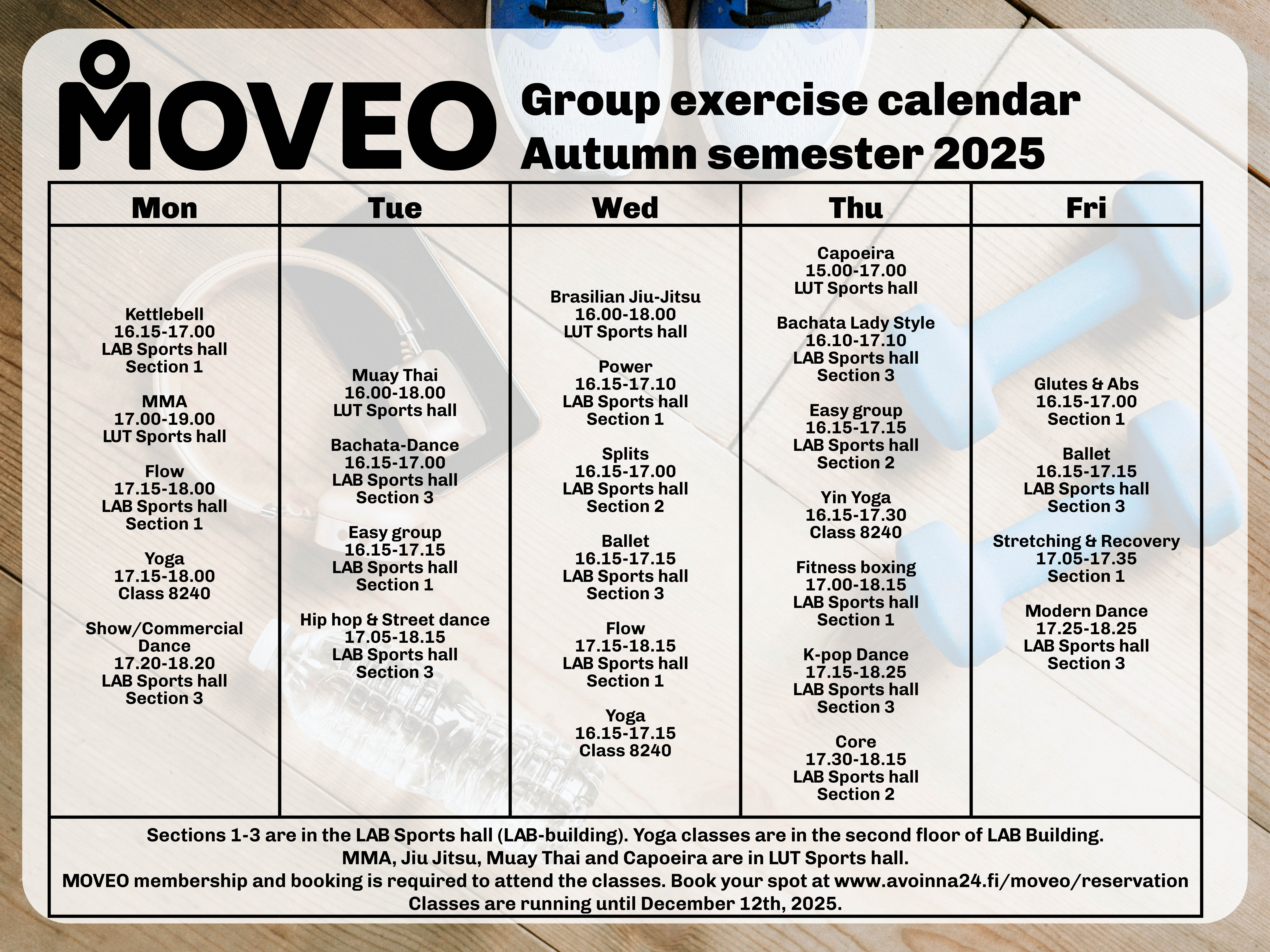 Moveo Lappeenranta group exercise schedule autumn 2025