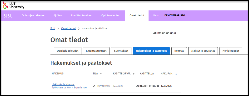 Omat tiedot hakemukset