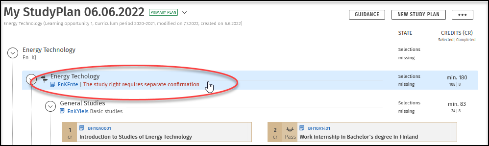 Confirm study right.