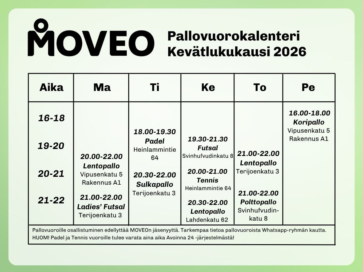 MOVEO pallovuorokalenteri kevät 2026
