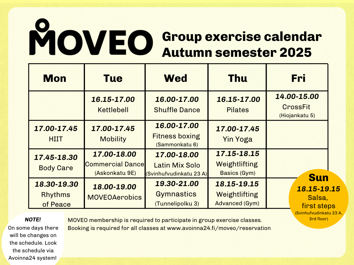 MOVEO Group exercise calendar autumn semester 2025