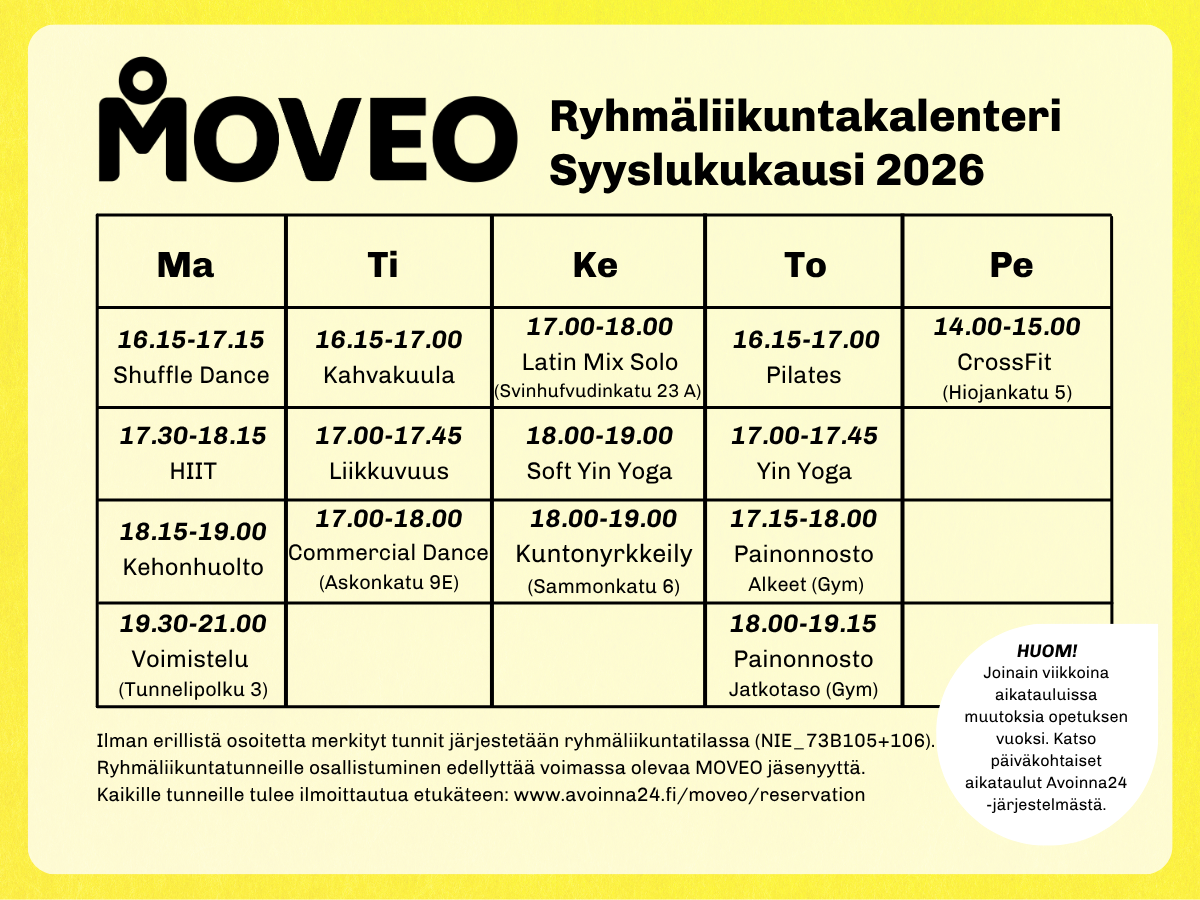 Ryhmäliikuntakalenteri syyslukukausi 2026 MOVEO