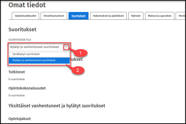hylätyt ja vanhentuneet suoritukset