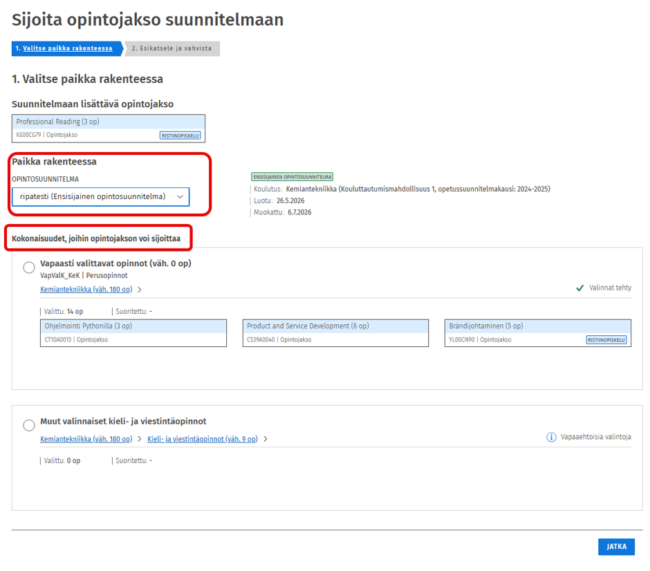 Sijoita opintojakso suunnitelmaan