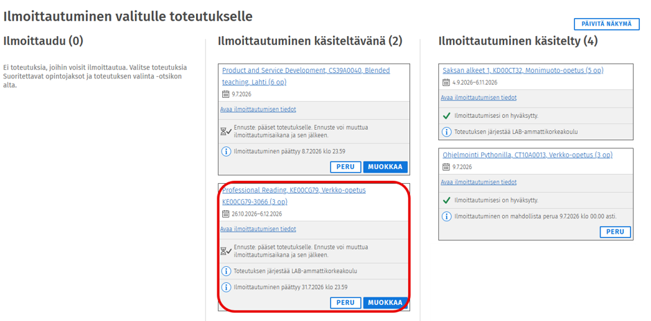 Ilmoittautuminen käsiteltävänä