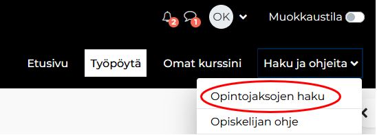 Kurssien etsiminen Moodlessa