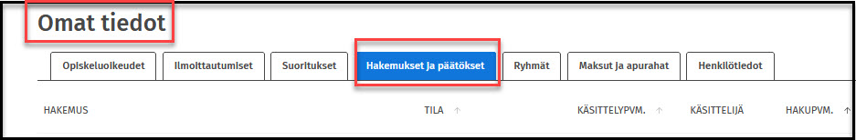 omat tiedot ja hakemukset